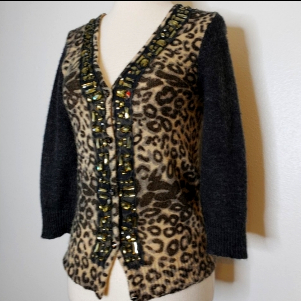 BKE Boutique Animal Print Wool Mohair Sweater Crystal Barbiecore Winter Fall